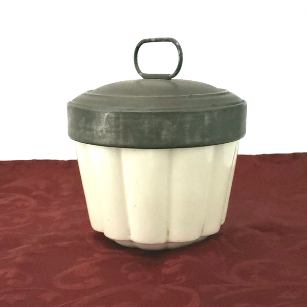 Antique Creamy White German Steam Pudding Mold w/ Tin Lid & Side Locking Latch
