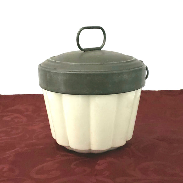 Antique Creamy White German Steam Pudding Mold w/ Tin Lid & Side Locking Latch