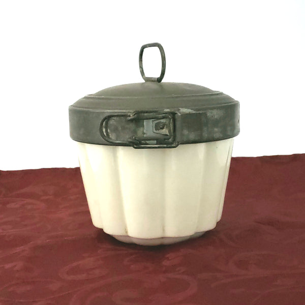 Antique Creamy White German Steam Pudding Mold w/ Tin Lid & Side Locking Latch