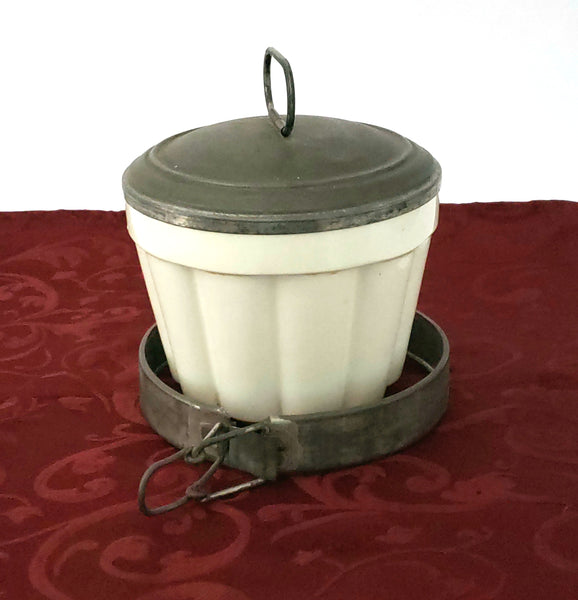 Antique Creamy White German Steam Pudding Mold w/ Tin Lid & Side Locking Latch