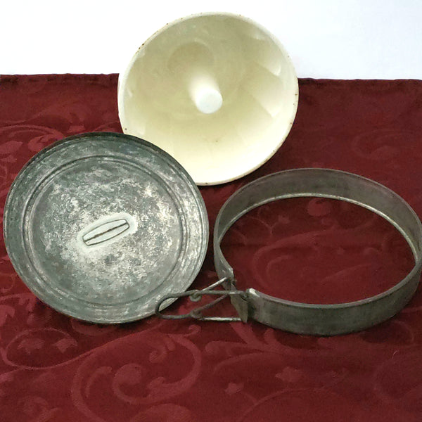Antique Creamy White German Steam Pudding Mold w/ Tin Lid & Side Locking Latch