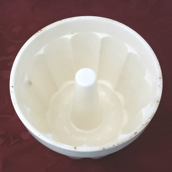 Antique Creamy White German Steam Pudding Mold w/ Tin Lid & Side Locking Latch