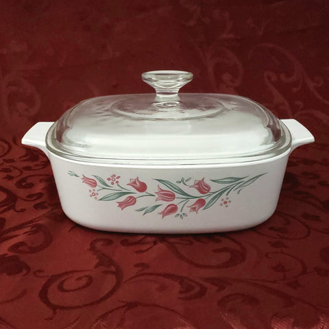 CorningWare Square Casserole Dish 2 Quart "Rosemarie" Tulips Bakeware with Pyrex Glass Lid