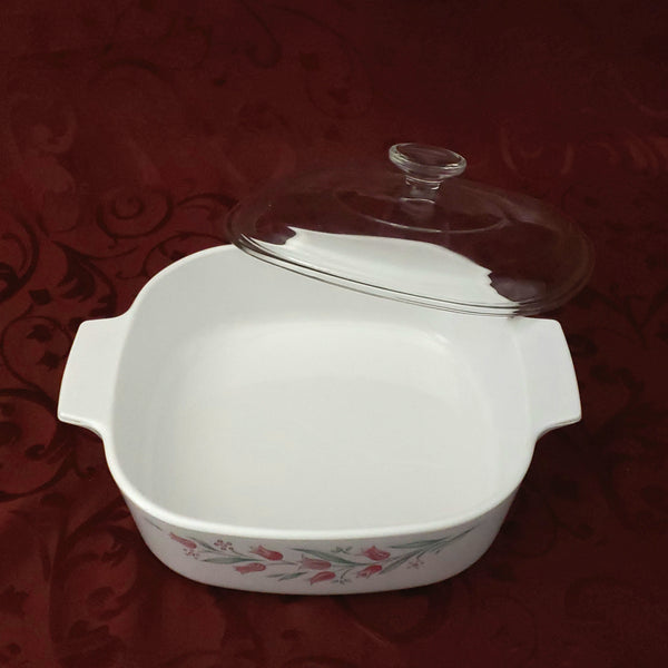 Corning Ware Square Casserole Dish 2 Quart "Rosemarie" Tulips Bakeware with Pyrex Glass Lid