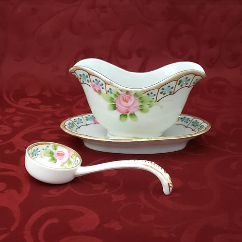 Antique Nippon Hand Painted Porcelain Gravy Boat with Underplate & Ladle 