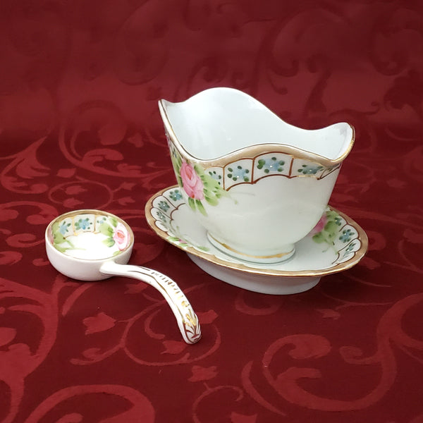Antique Nippon Hand Painted Porcelain Gravy Boat with Underplate & Ladle
