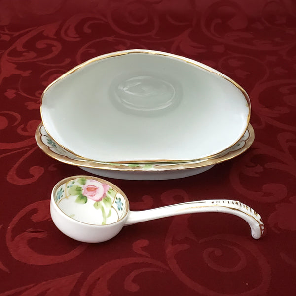 Antique Nippon Hand Painted Porcelain Gravy Boat with Underplate & Ladle