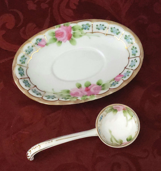 Antique Nippon Hand Painted Porcelain Gravy Boat with Underplate & Ladle
