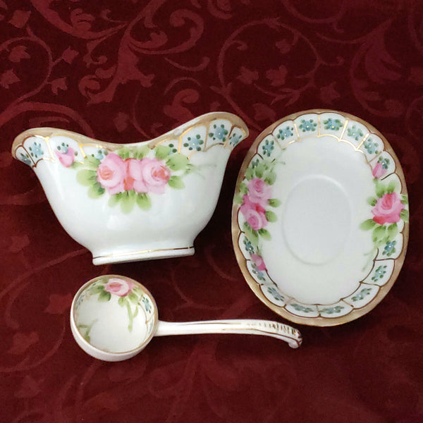 Antique Nippon Hand Painted Porcelain Gravy Boat with Underplate & Ladle