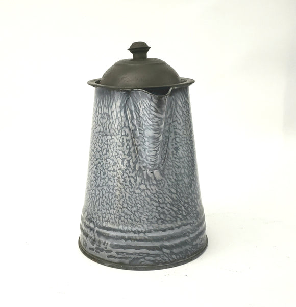Antique Gray Mottled Granite Ware Enamel 8 1/2 inch Coffee Pot with Tin Lid