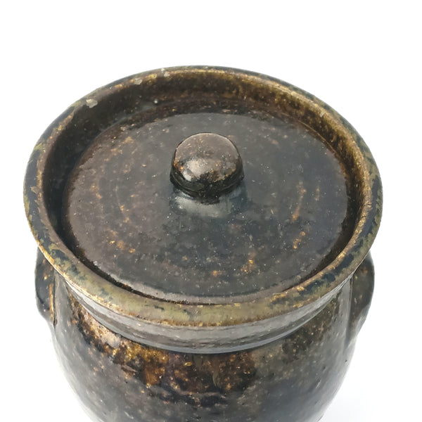 Antique Dark Brown Mottled Glazed Redware Pottery Storage Jar with Lid