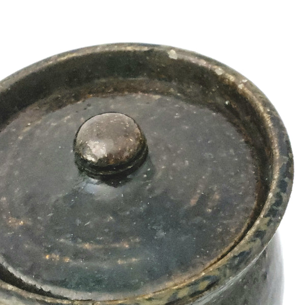 Antique Dark Brown Mottled Glazed Redware Pottery Storage Jar with Lid