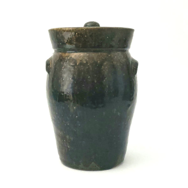 Antique Dark Brown Mottled Glazed Redware Pottery Storage Jar with Lid