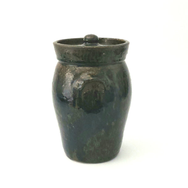 Antique Dark Brown Mottled Glazed Redware Pottery Storage Jar with Lid