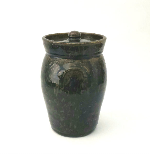 Antique Dark Brown Mottled Glazed Redware Pottery Storage Jar with Lid