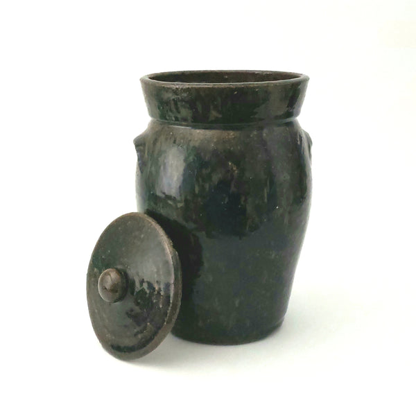 Antique Dark Brown Mottled Glazed Redware Pottery Storage Jar with Lid