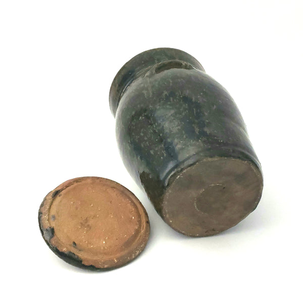 Antique Dark Brown Mottled Glazed Redware Pottery Storage Jar with Lid