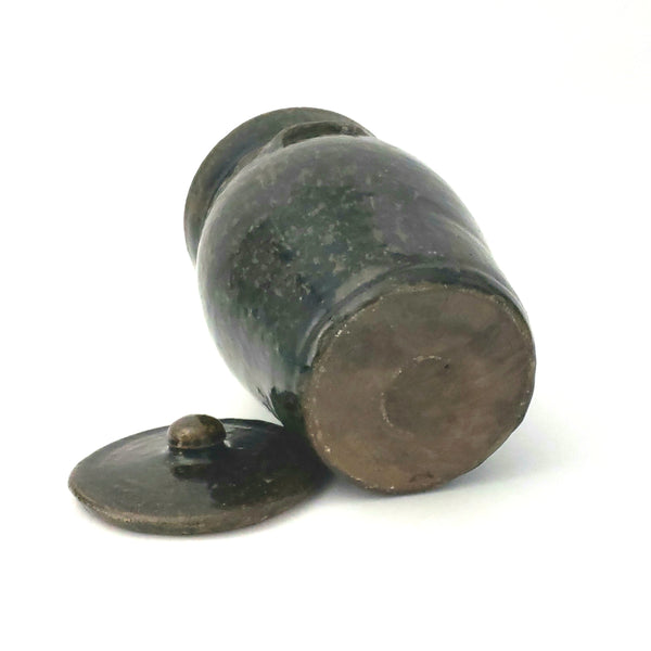 Antique Dark Brown Mottled Glazed Redware Pottery Storage Jar with Lid