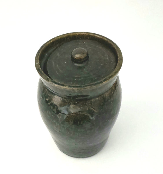Antique Dark Brown Mottled Glazed Redware Pottery Storage Jar with Lid