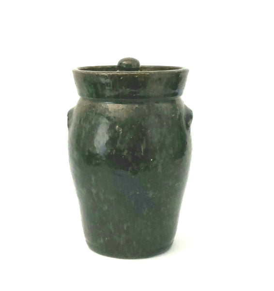 Antique Dark Brown Mottled Glazed Redware Pottery Storage Jar with Lid