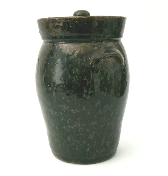 Antique Dark Brown Mottled Glazed Redware Pottery Storage Jar with Lid