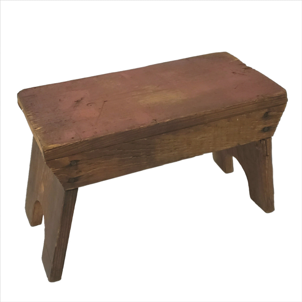 Primitive Wooden Footstool Cricket Stool with Worn Old Red Paint on Seat