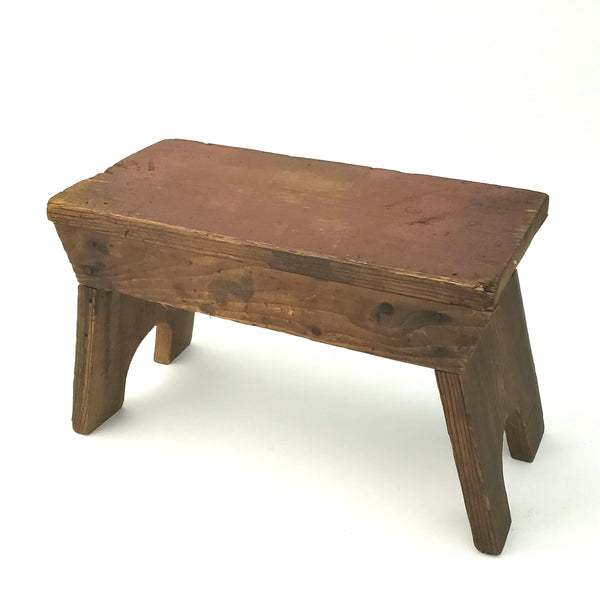Primitive Wooden Footstool Cricket Stool with Worn Red Paint on Seat