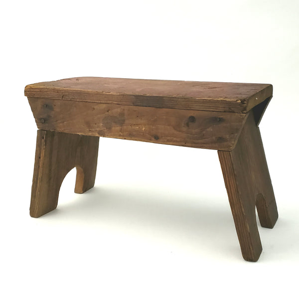 Primitive Wooden Footstool Cricket Stool with Worn Red Paint on Seat