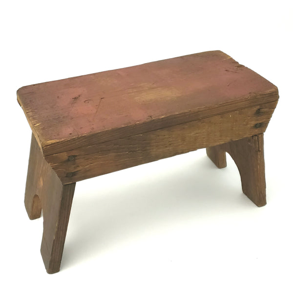 Primitive Wooden Footstool Cricket Stool with Worn Red Paint on Seat