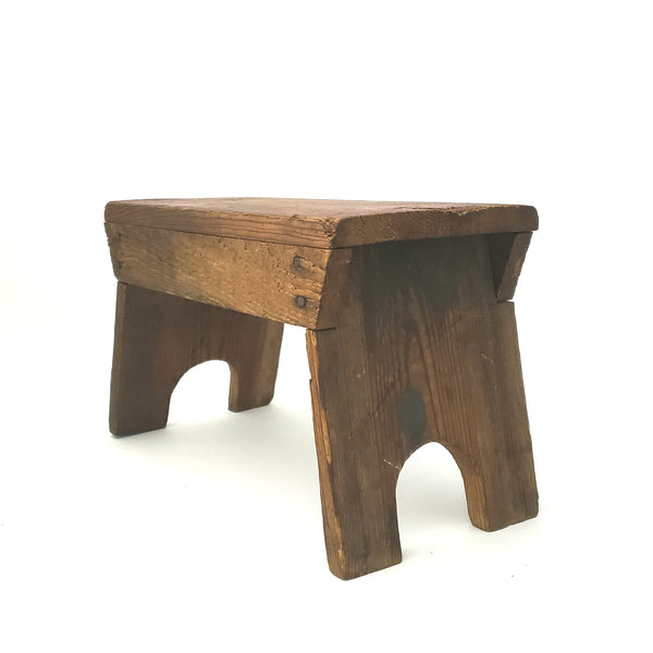 Primitive Wooden Footstool Cricket Stool with Worn Red Paint on Seat