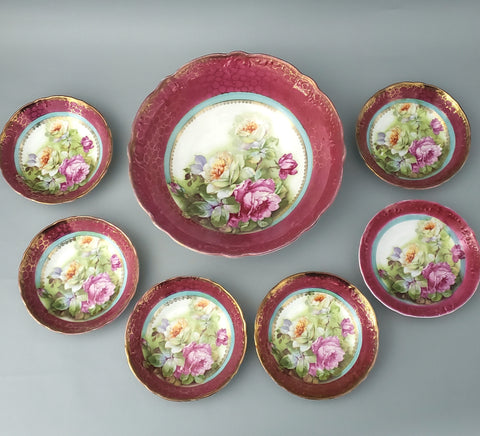 Antique Porcelain 7 Piece Berry Bowl Set with Beautiful Roses - Germany