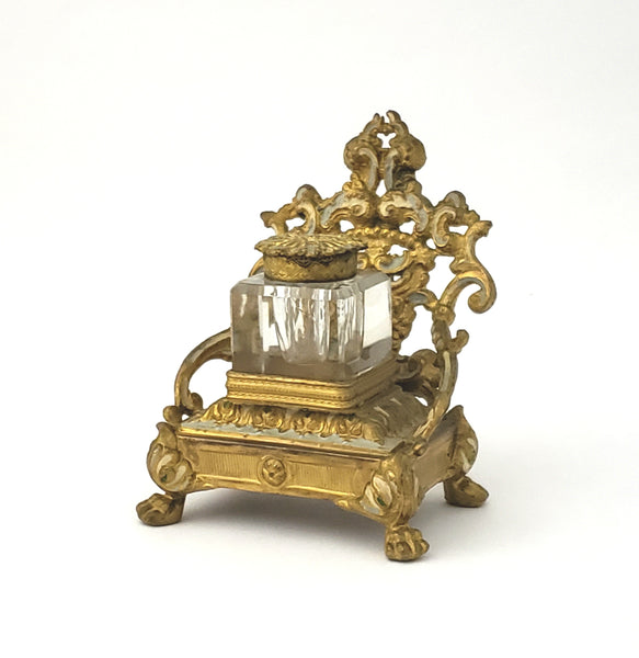 Decorative Gold Gilt Inkstand w/ Glass Inkwell and Lid  Art Nouveau Style - Chair