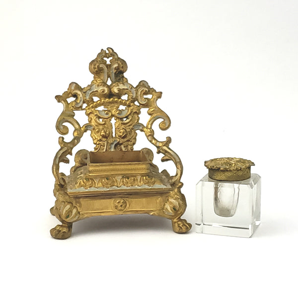 Decorative Gold Gilt Inkstand w/ Glass Inkwell and Lid  Art Nouveau Style - Chair