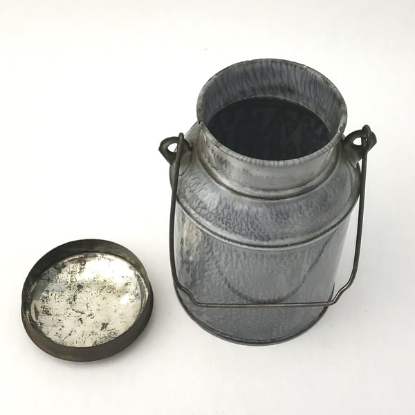 Antique Gray Mottled Graniteware Cream Pail, Tin Lid and Bail Handle