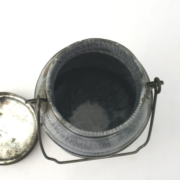 Antique Gray Mottled Graniteware Cream Pail, Tin Lid and Bail Handle