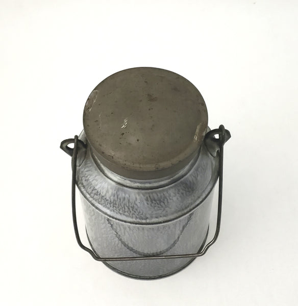 Antique Gray Mottled Graniteware Cream Pail, Tin Lid and Bail Handle