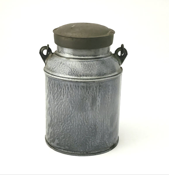 Antique Gray Mottled Graniteware Cream Pail, Tin Lid and Bail Handle