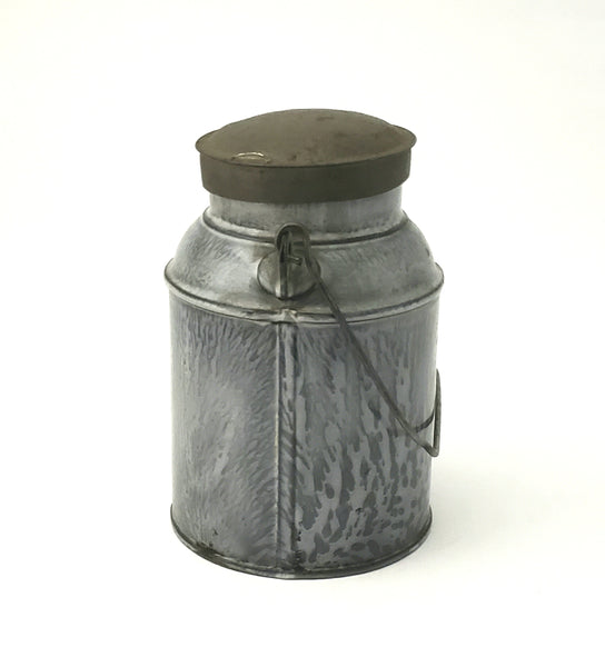 Antique Gray Mottled Graniteware Cream Pail, Tin Lid and Bail Handle