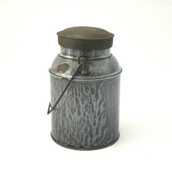 Antique Gray Mottled Graniteware Cream Pail, Tin Lid and Bail Handle