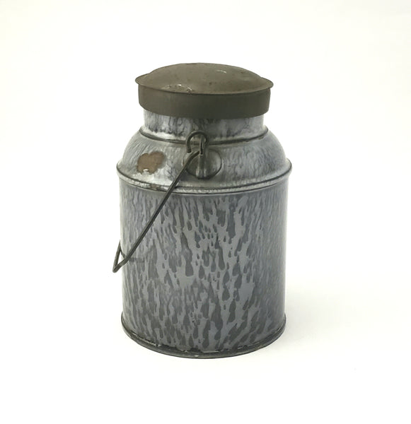 Antique Gray Mottled Graniteware Cream Pail, Tin Lid and Bail Handle