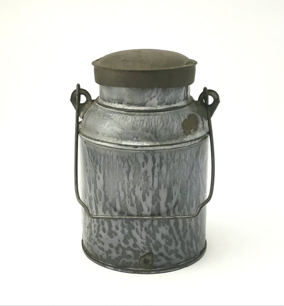 Antique Gray Mottled Graniteware Cream Pail, Tin Lid and Bail Handle
