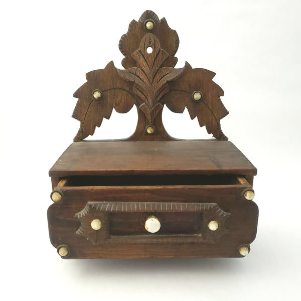 American Folk Art Tramp Art Wooden Carved Wall Box with One Drawer
