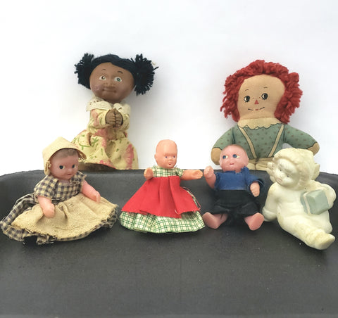 Vintage Miniature Doll Assortment of 6 Cloth, Plastic, Bisque
