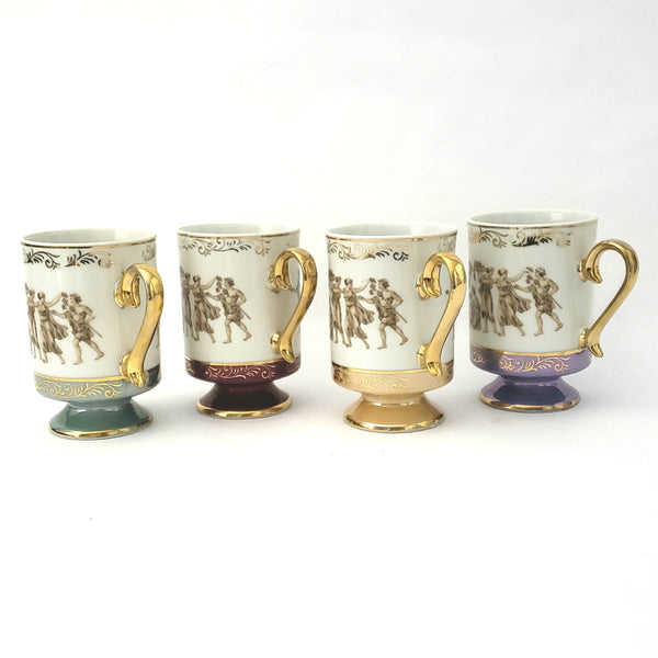 Vintage Lusterware Coffee Mugs, Ancient Greek Scene, Set of Four