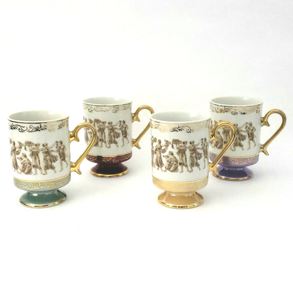 Vintage Lusterware Coffee Mugs, Ancient Greek Scene, Set of Four 