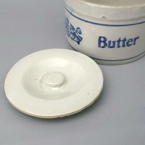 Antique Salt Glazed Stoneware Butter Crock with Lid, Missing Wire Handle