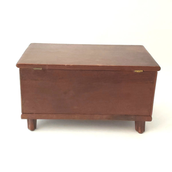 Vintage Miniature Wooden Walnut Chest Hinged Lid with Decorative Onlay