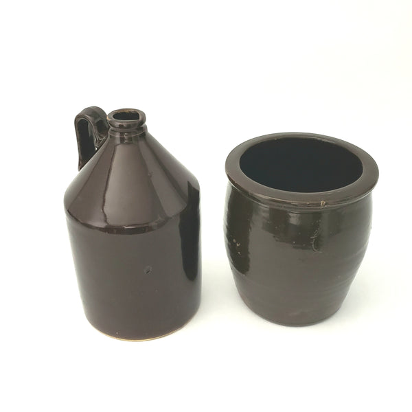 Dark Brown Glazed Stoneware Small Crock and Whiskey Jug Set of 2