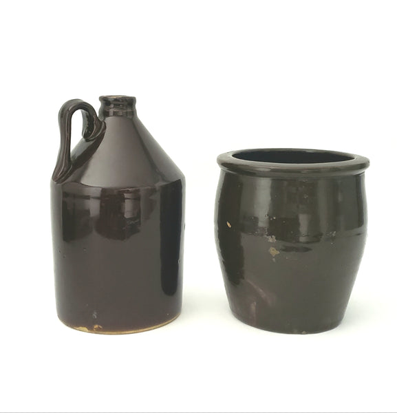 Vintage Dark Brown Salt Glazed Stoneware, Small Crock and Whiskey Jug, Set of 2 