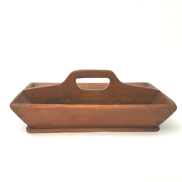 Vintage Wooden Divided Utensil Carrying Tray with Cut-Out Handle